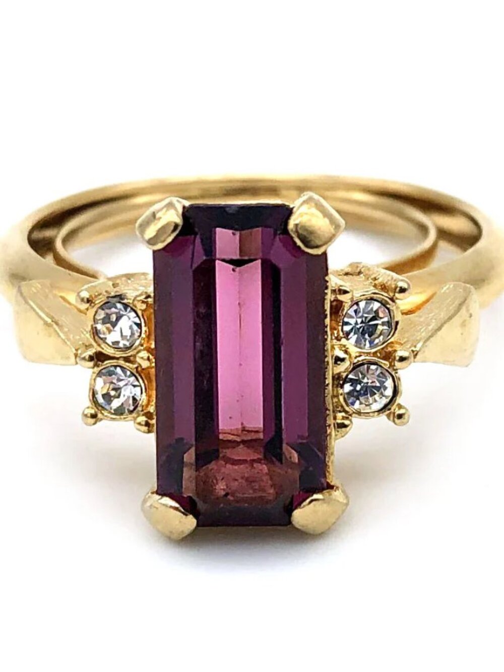 Vintage Avon Gold Tone Ring Faux Amethyst Clear Rhinestones Accents Adjustable